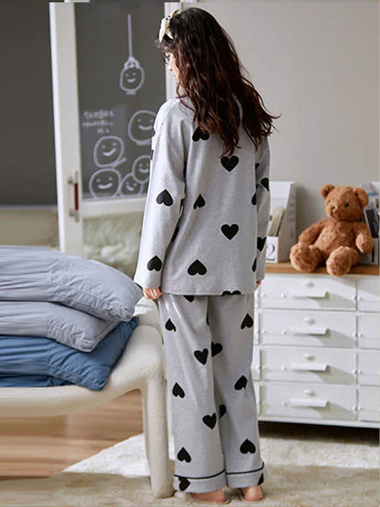 Grey With Black Multi Hearts Printed Nightwear