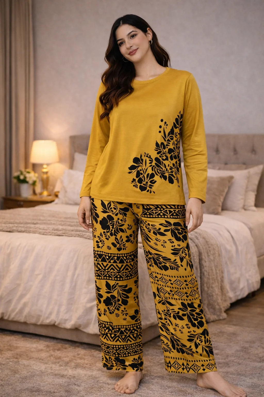 Woman wearing yellow pajama set with black patterns in a bedroom setting