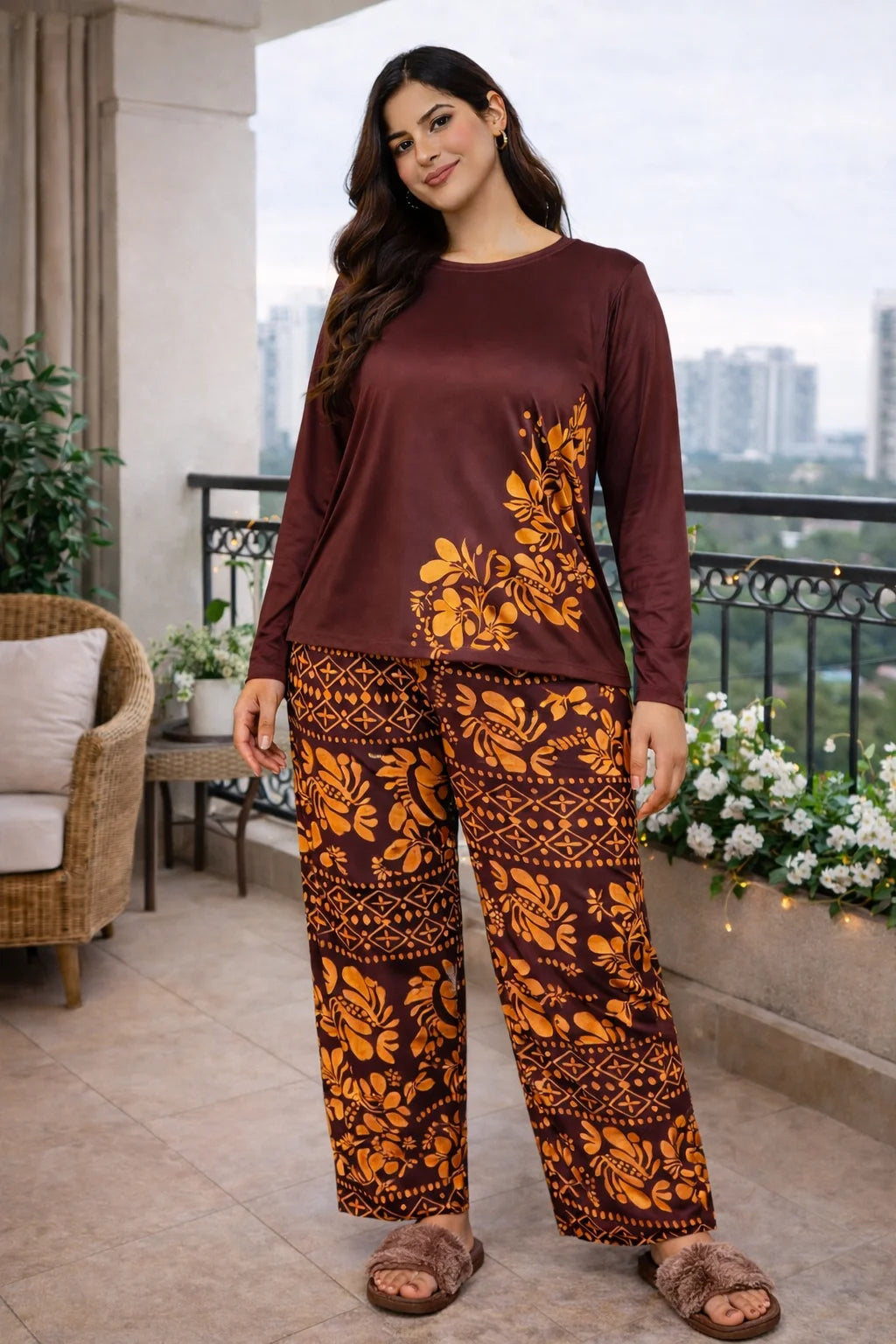 Woman wearing a brown and orange patterned outfit on a balcony with cityscape view.