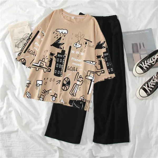 Planet Music With Black Pajama Printed Nightwear