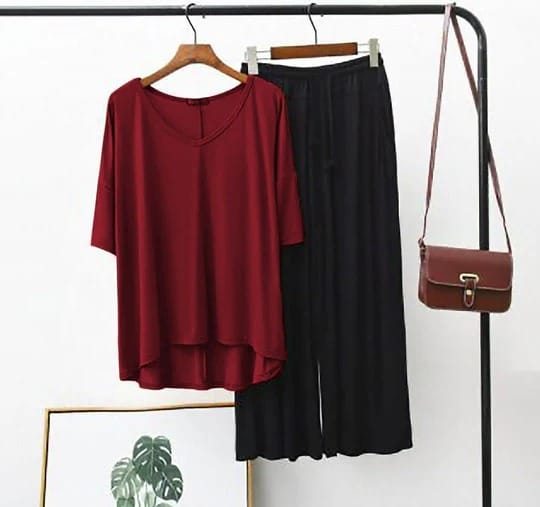 Plain Maroon V Neck T Shirt with Black Plazzo