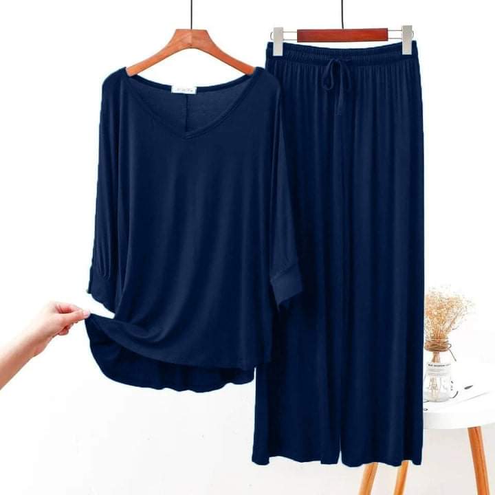 Navy Blue V-Neck Women Night Suit