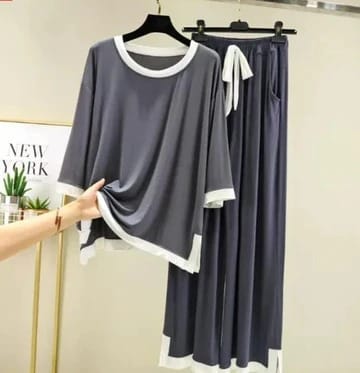 Grey White Round Neck Plazzo