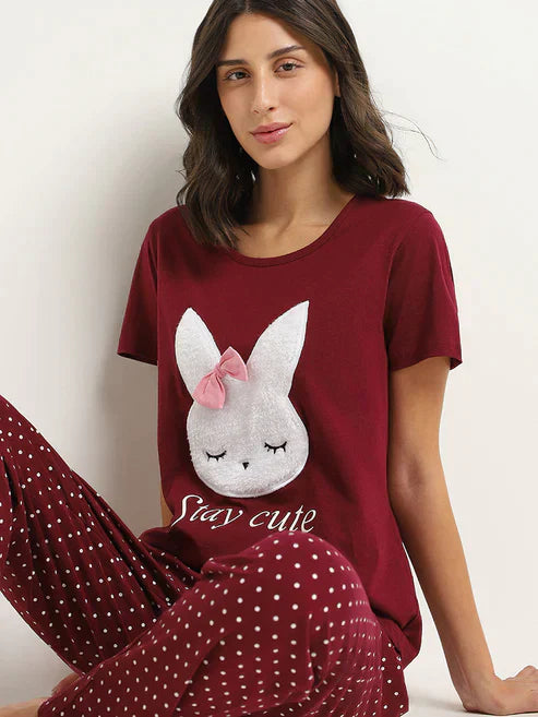 Maroon Stay Cute Printed Nightwear