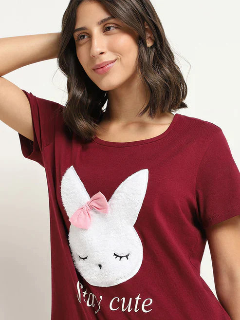 Maroon Stay Cute Printed Nightwear