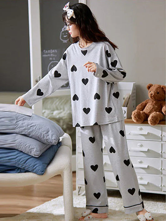 Grey With Black Multi Hearts Printed Nightwear