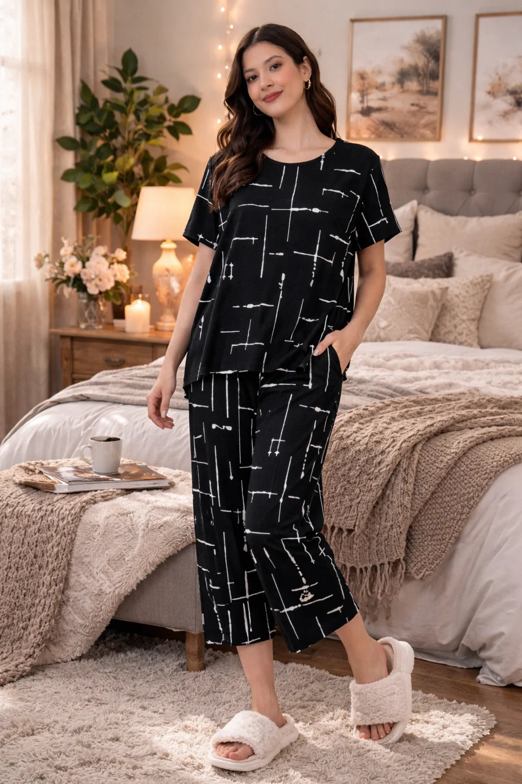 Woman in a black and white patterned outfit standing in a cozy bedroom.