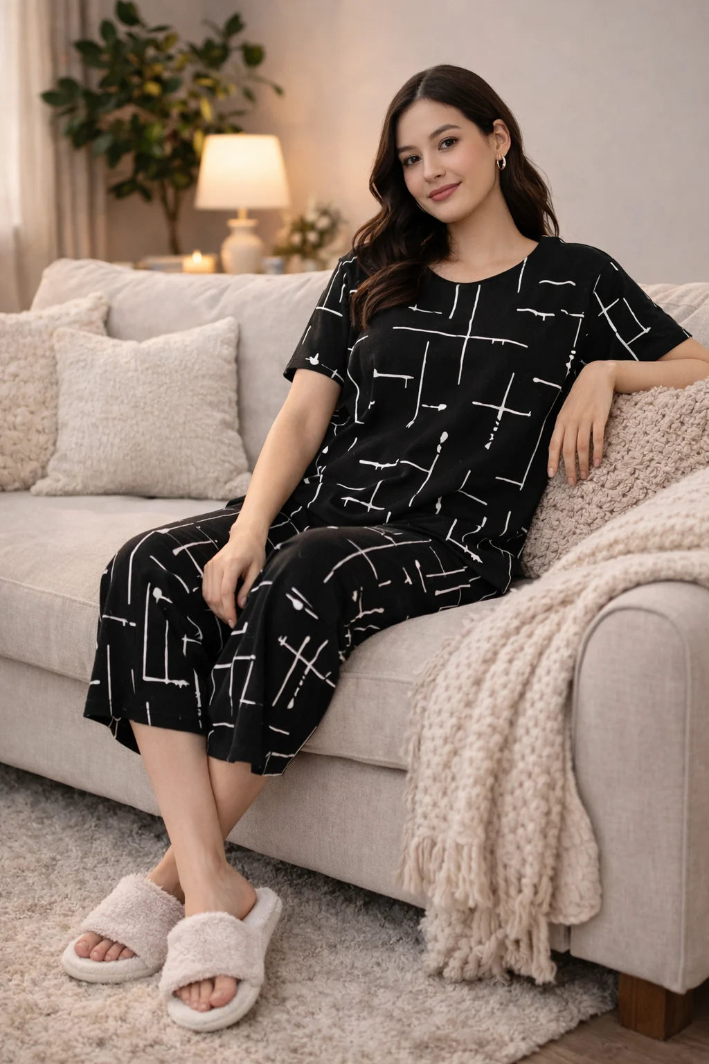 Woman wearing a black and white patterned outfit sitting on a couch in a cozy living room.