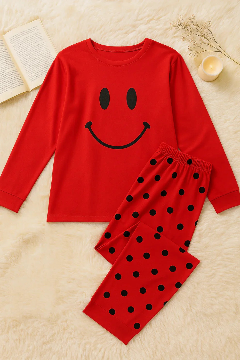 Red pajama set with smiley face top and polka dot pants on a beige surface.