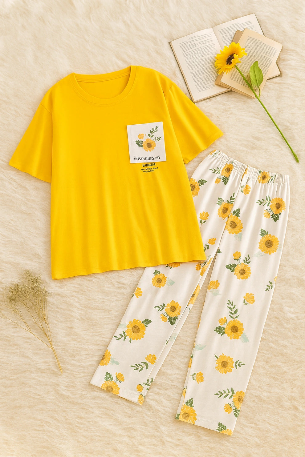 Yellow Flower Printed Cotton Nightwear for Women