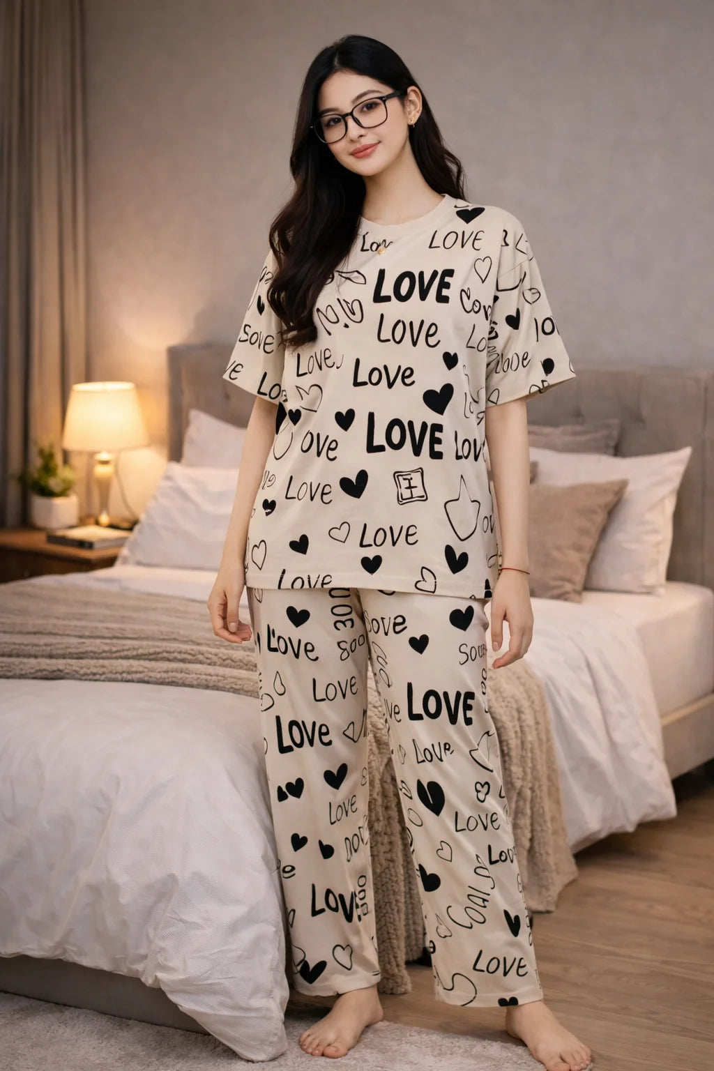Woman wearing a 'LOVE' printed outfit