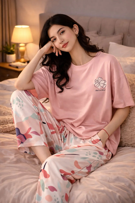 Woman wearing a pink pajama set with floral pants sitting on a bed.