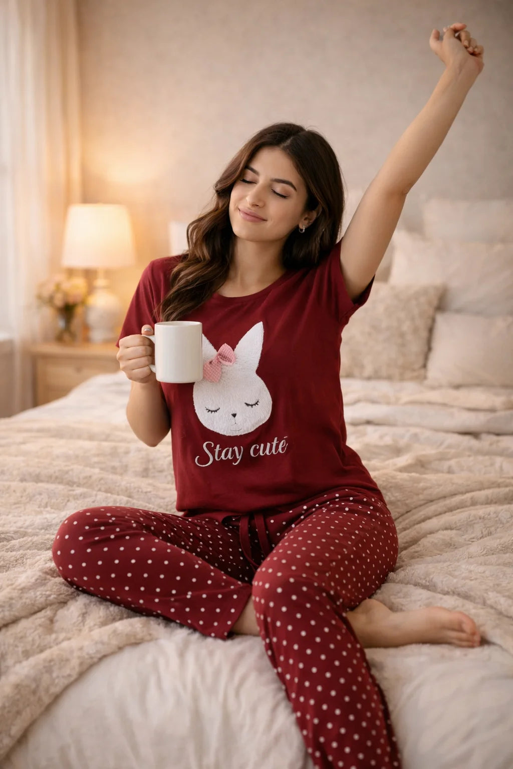 Woman in red pajama set with bunny design holding a mug on a bed.