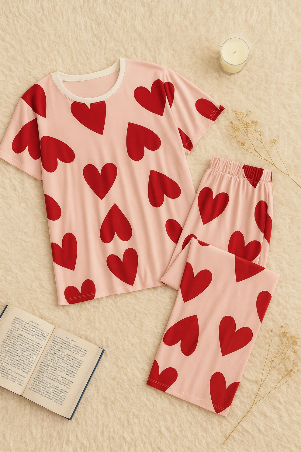 Pink pajama set with red heart patterns on a beige surface with an open book and candle.