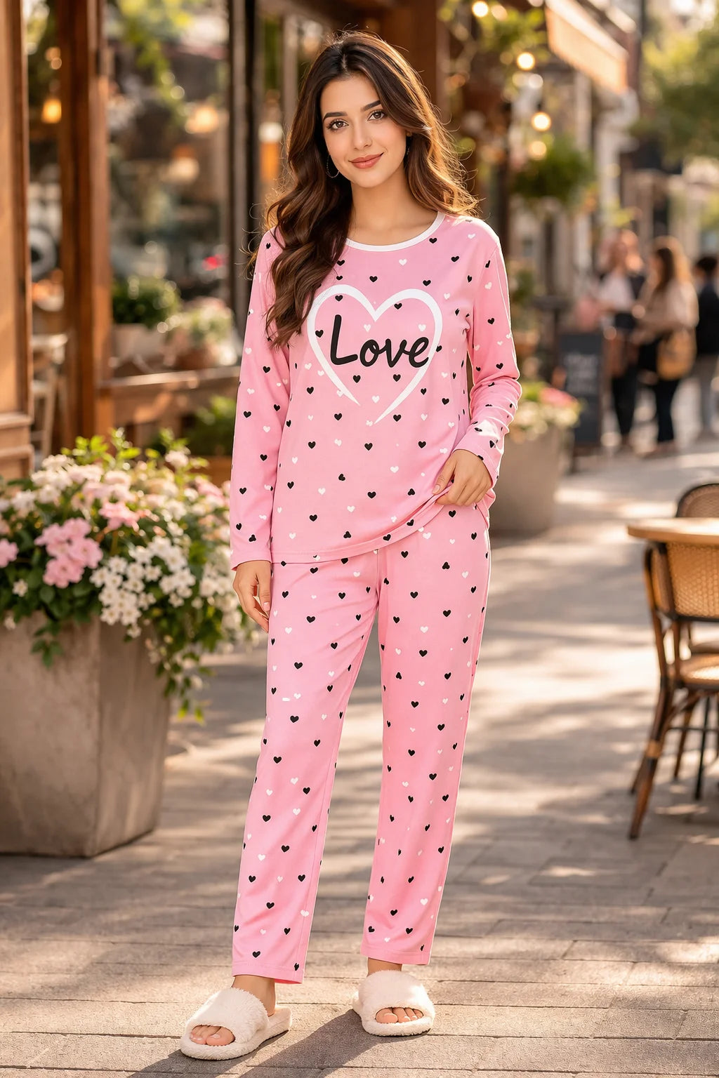 Woman wearing pink 'Love' heart pajamas on a city street.