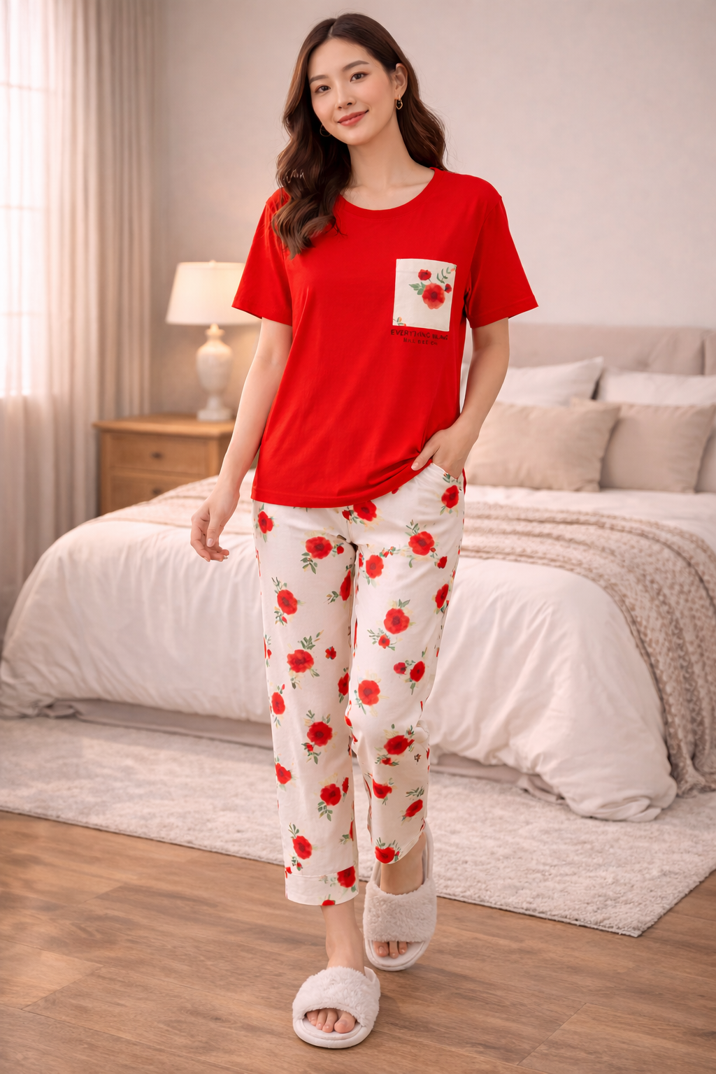 Woman wearing a red top and white pants with red floral patterns in a bedroom.