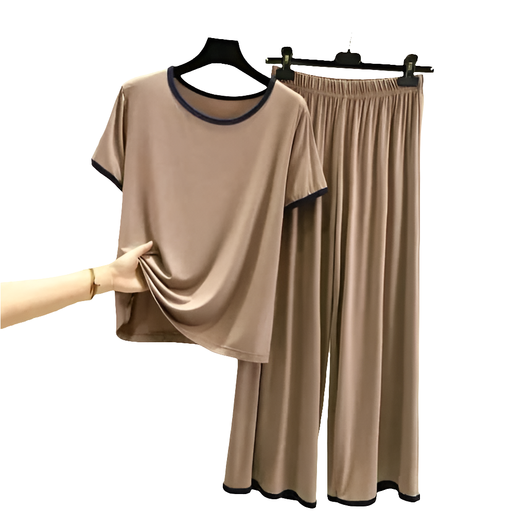 Plain Coffee Colour Tshirt With Black Round Neck And Plazo Pajama (Half Seeleve)
