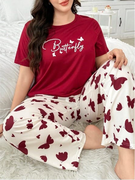 Mehroon Small Butterfly Printed Nightwear