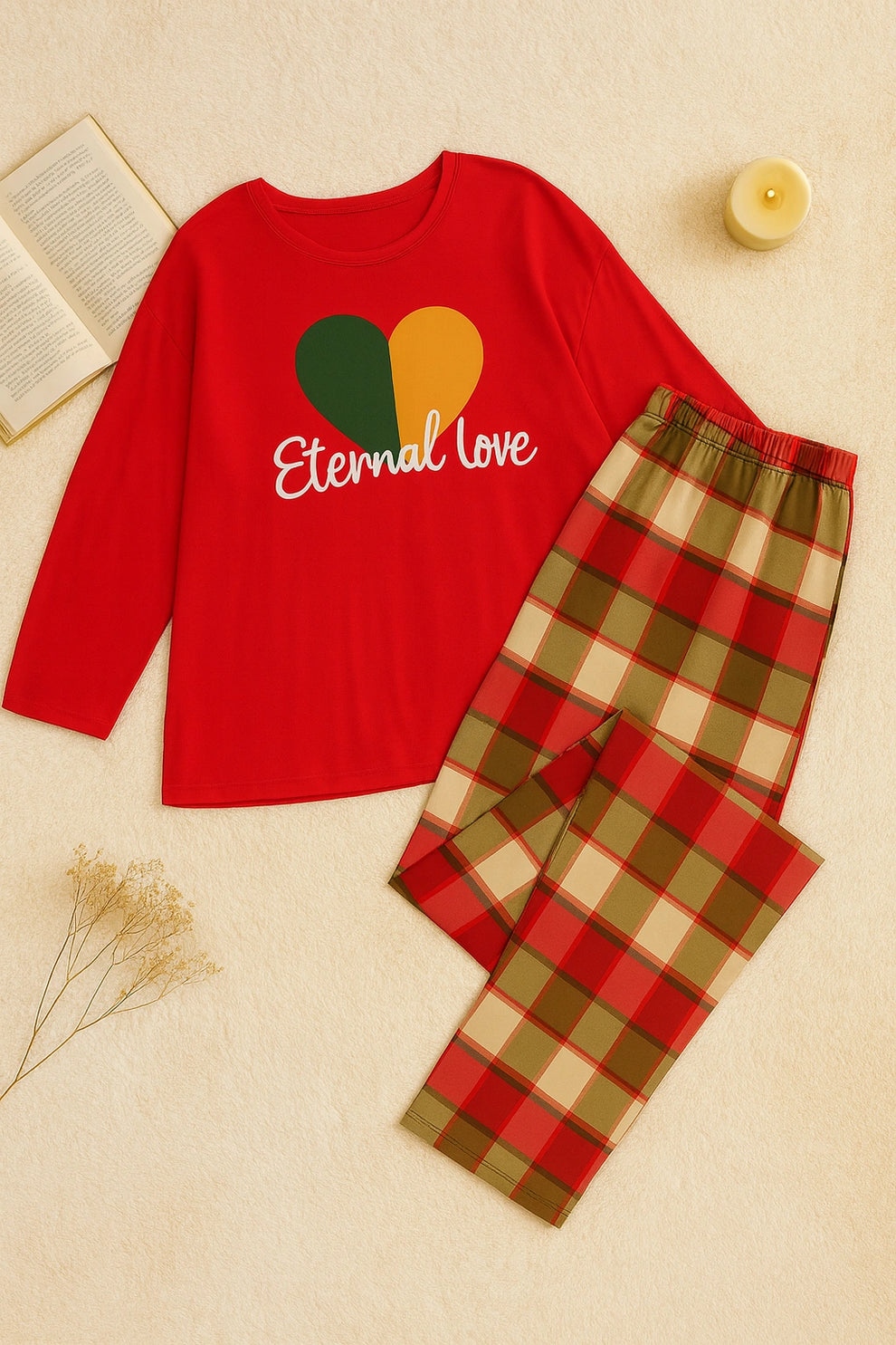 Red pajama set with 'Eternal Love' and heart design on a beige background