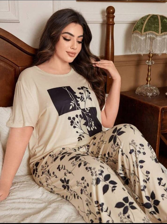 CREAM LEAVES PRINTED NIGHTWEAR