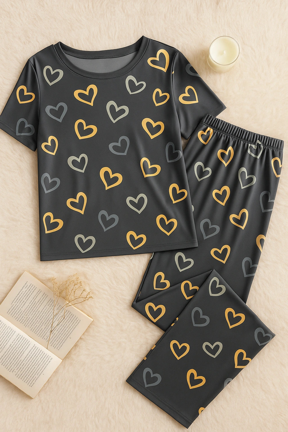 Black pajama set with heart patterns on a beige surface with an open book and candle.
