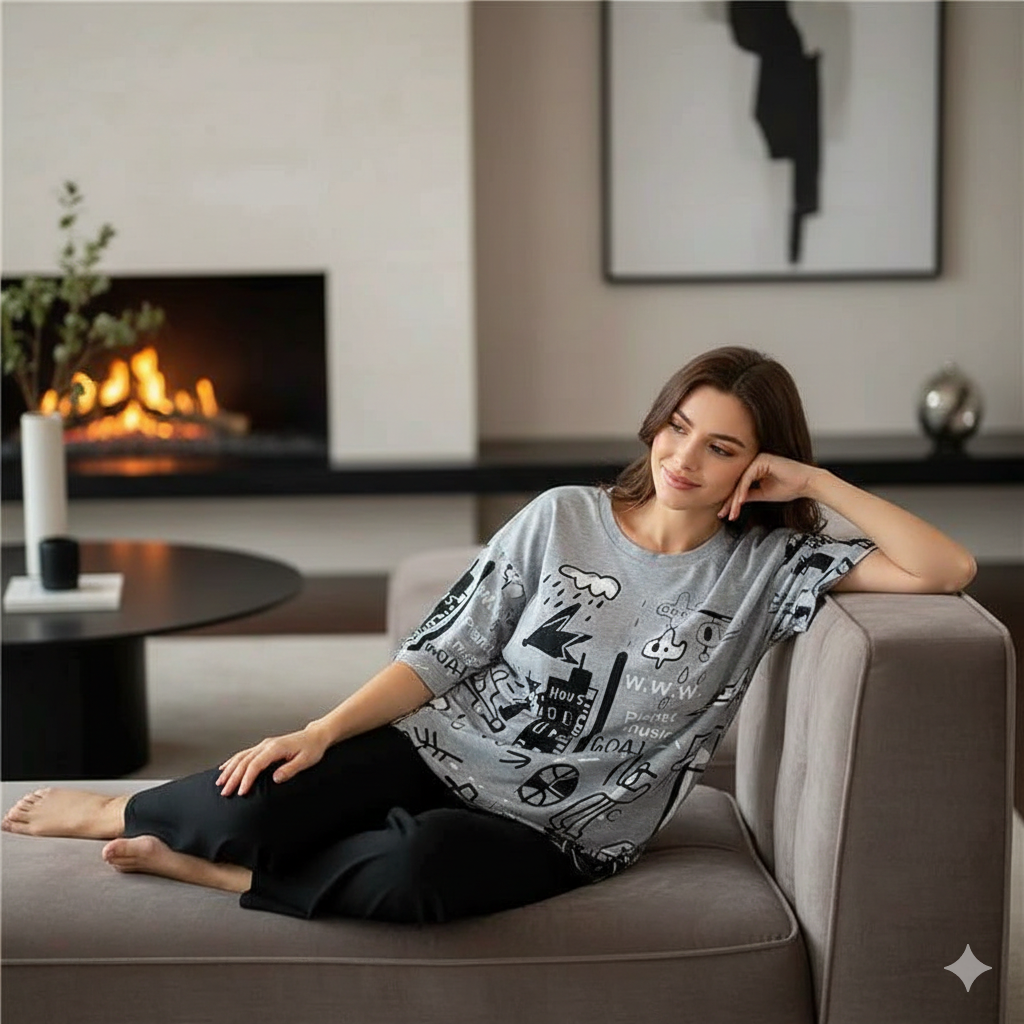 Grey Planet Music With Black Pajama Printed nightwear